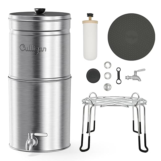 Culligan with MaxClear Technology 2.25 Gallon Gravity Water Filter System, Brushed Countertop Ceramic Water Filter NSF/ANSI Certified to Reduce Lead, Microplastics & Total PFAS, with 2 Filters