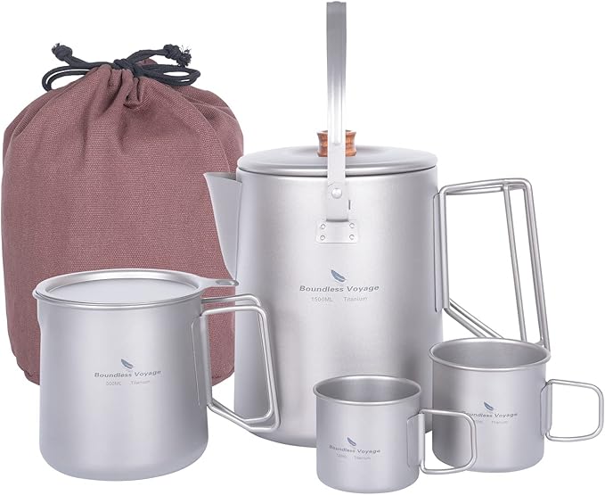 Boundless Voyage Titanium Camping Coffee Pot 1500ml Barista Kettle for Making Coffee, Boiling Water - Outdoor Traveling Campfire Stovetop Fast Brew (Kettle+3 Cups Set)
