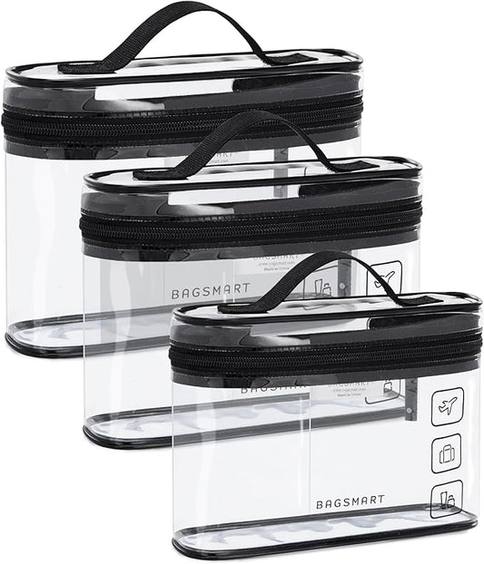 BAGSMART TSA Approved Toiletry Bag, 3 Pack Clear Makeup Cosmetic Bag Organizer, Quart Size Travel Bag for Toiletries, Carry-on Travel Accessories Essentials, Black-3pcs