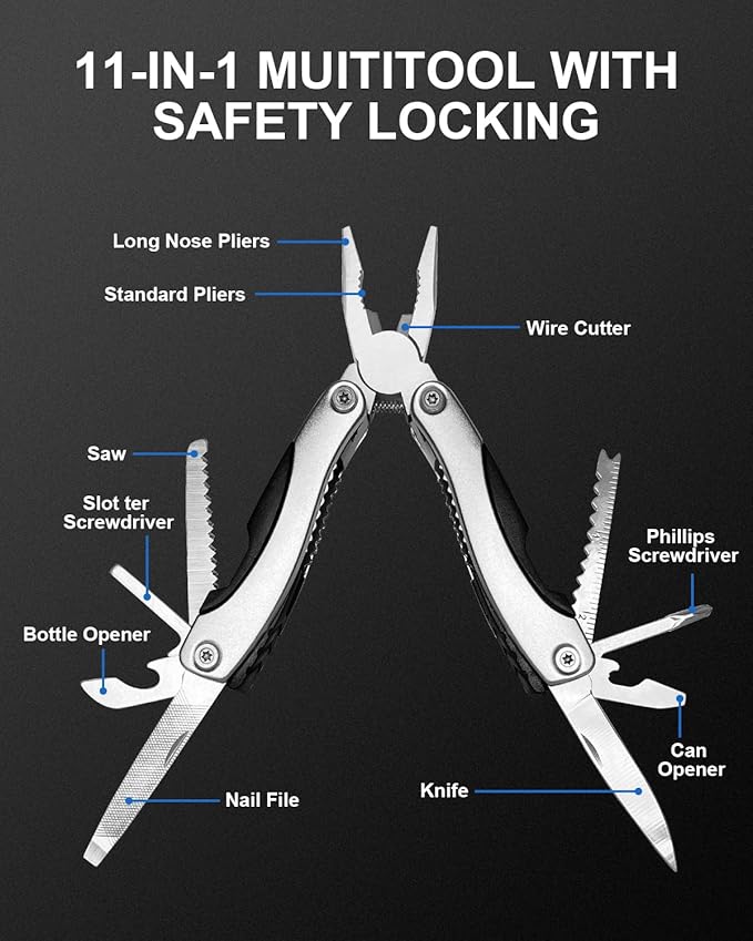 UNOONE 11-in-1 Multitool Pliers - Stainless Steel Pocket Knife with Pliers, Screwdriver & Bottle Opener - Aluminum Handle EDC Knives for Survival, Camping, Hunting, Hiking - Gift for Men Women (Black)