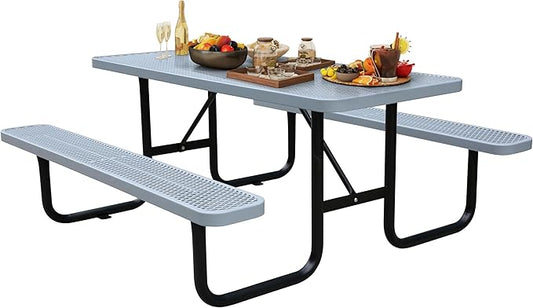 6FT Metal Picnic Tables for Outdoors, Commercial Rectangular Picnic Table and Bench Set for Outside, Patio, Garden, Backyard, Porch, Surface Mount, Grey