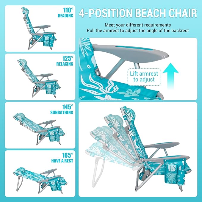 #WEJOY Folding Beach Chair for Adults, 4-Position Aluminum Lightweight Beach Chair, Low Sands Chairs with Shoulder Strap, Cup Holder and Padded Headrest, Supports 265lbs for Lawn