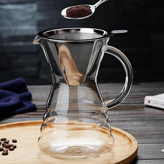 Unbreakable - Pour Over Coffee Maker with Permanent Stainless Filter 32 fl oz, Thickened Heat-Resistant Borosilicate Glass Dripper Coffee Brewer, Stovetop Safe
