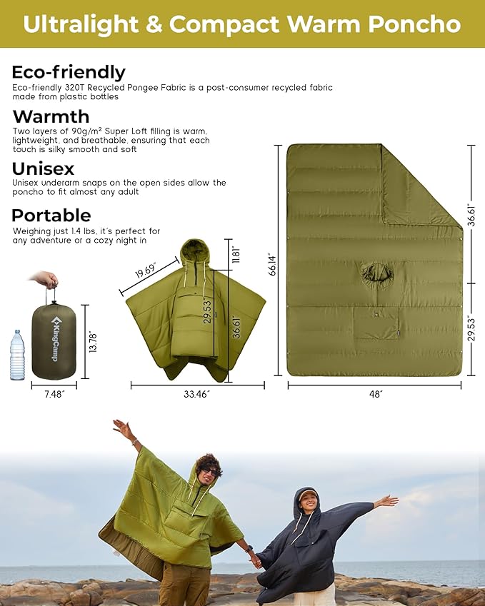 KingCamp Camping Wearable Hoodie Blanket Poncho Ultralight Sleeping Bag Adult, Outdoor Stadium Water-Repellent