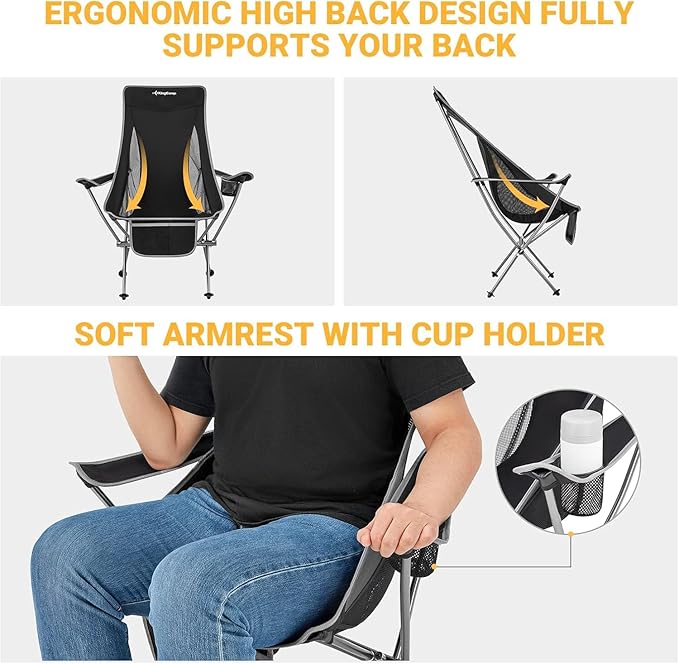 KingCamp Compact Camping Chair with Armrest Ultralight High Back Backpacking Chairs for Adults Lightweight Folding Chair Heavy Duty Support 265 Lbs Portable for Traveling, Lawn, Festival, Black