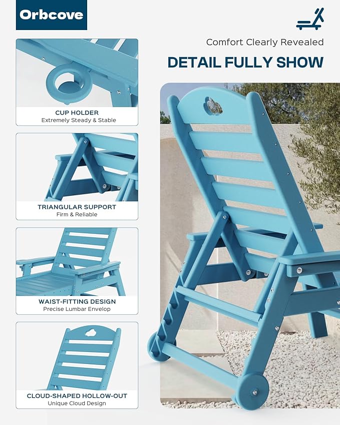 Oversized Chaise Lounge Chair Outdoor with Wheels & Cup Holder, 6-Position Adjustable HDPE Patio Lounge Chair for Poolside, Garden, Deck & Lawn (Light Blue, 2-Piece)