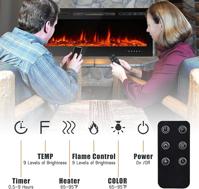 CharaVector 70 inch 750W/1500W Electric Fireplace Inserts with Remote Control in Wall Mounted, Energy Saving LED Insert Fireplace Heater Indoor Glass View with Remote Control & Touch Screen, Black