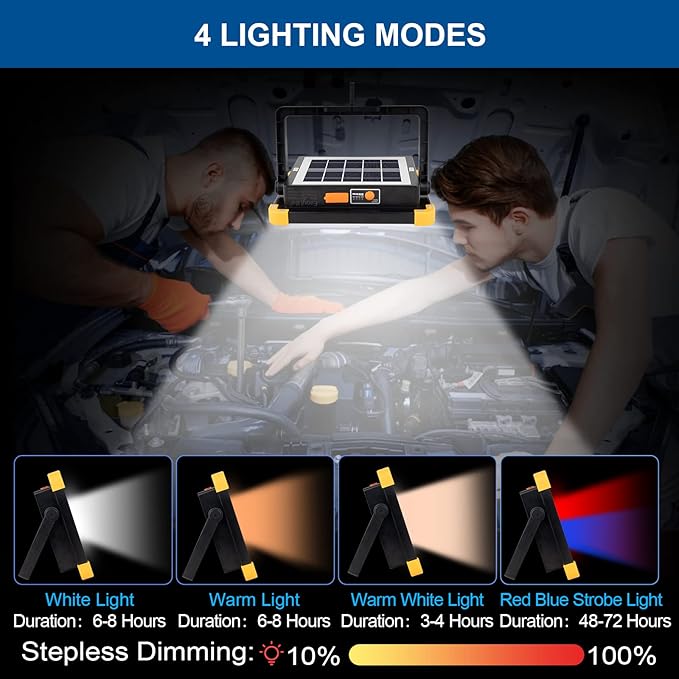 120W Eraylife Rechargeable LED Worklight, 348Leds 10000LM Magnetic Work Light Rechargeable LED Flood Light for Job Site Car Repair Camping, Portable Waterproof Solar Work Light with USB Output