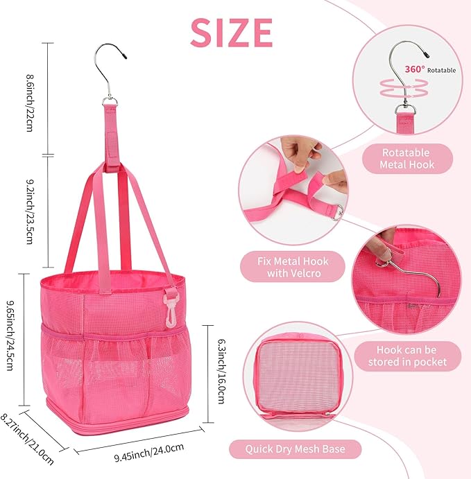 Mesh Shower Caddy Portable for College Dorm Room Essentials, Shower Tote Bag with Hanging Hook and Drawstring, Quick Dry Toiletry Bag with 6 Pockets for Bathroom, Swimming, Gym, Camping, Beach, Travel