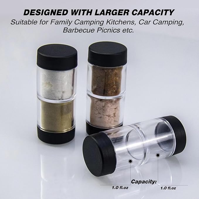 Sunmei Salt and Pepper Shakers Moisture Proof Set, 2-in-1 Portable Spice Shaker with Airtight Lid, Perfect for Camping Kitchen, Travel, Car Camping, RV, Outdoors, Backpack, BBQ Picnic, Lunch Boxes (2)