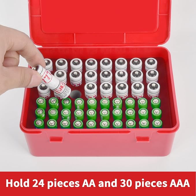 FULLCASE Battery Storage Organizer Holder Holds 54 AA AAA Batteries, Box Cases Garage Container, Home Drawer Organization Dispenser (Case Only) Red