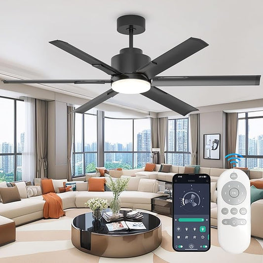 JAYNLT 60 Inch Ceiling Fan with Light,Industrial LED Fan Lights with 6 Aluminium Blades,Large Ceiling Fan - Remote/APP Control, Air Reversible 6 Speed 3 Colors Noiseless DC Motor for Kitchen,Shop