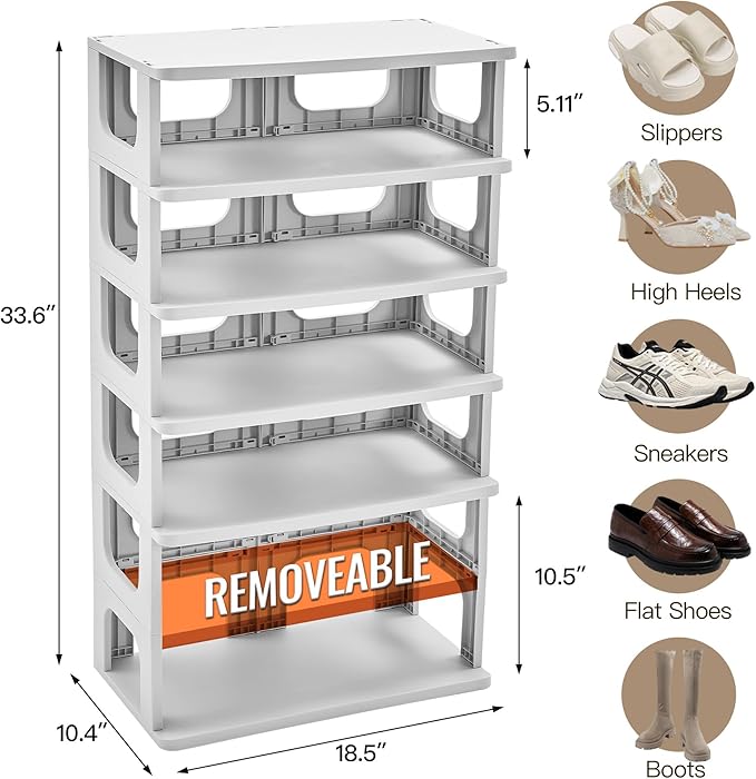 TRZZ 7-Tier Small Shoe Rack, Vertical Narrow Stackable Organizer with Removable Partition, Efficient Shoe Storage for Closet, Entryway, and Small Spaces (Grey)
