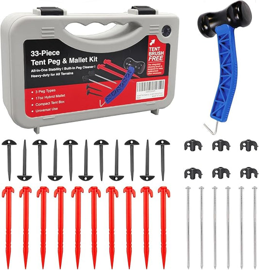 Tent Stakes Kit with Mallet – 33-Piece Camping Peg Set with Rubber Mallet, Plastic & Steel Stakes, Groundsheet Stakes & Peg Puller – Compact Carry Case for Camping, Tents & Canopies