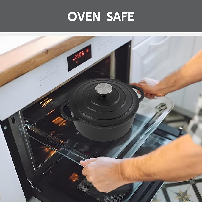 4.5 Quart Dutch Oven Enameled Cast Iron with Lid - Big Dual Handles - Oven Safe up to 500°F - Classic Round Pot for Versatile Cooking Matte Black(No Enameled