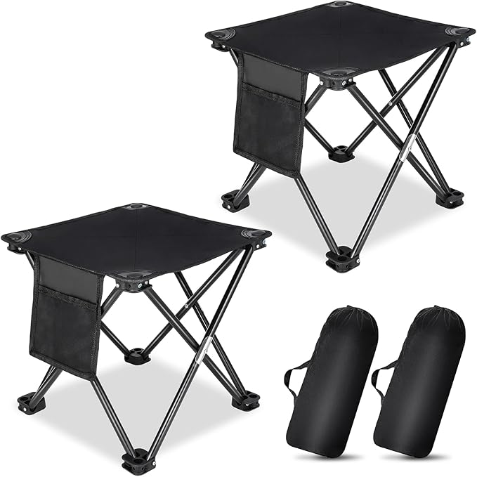 KABOER 2 Pack Folding Camping Stool Portable Outdoor Camping Chair for Fishing BBQ Hiking Gardening and Beach,Travel with Carry Bag(Black)