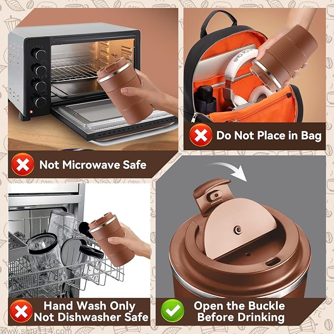 12OZ Travel Coffee Mug Insulated Coffee Cup with Spill Leak Proof Lid, Portable Stainless Steel Tumbler Reusable Hot and Cold Water Mug for Car, Daily, Camping- Coffee