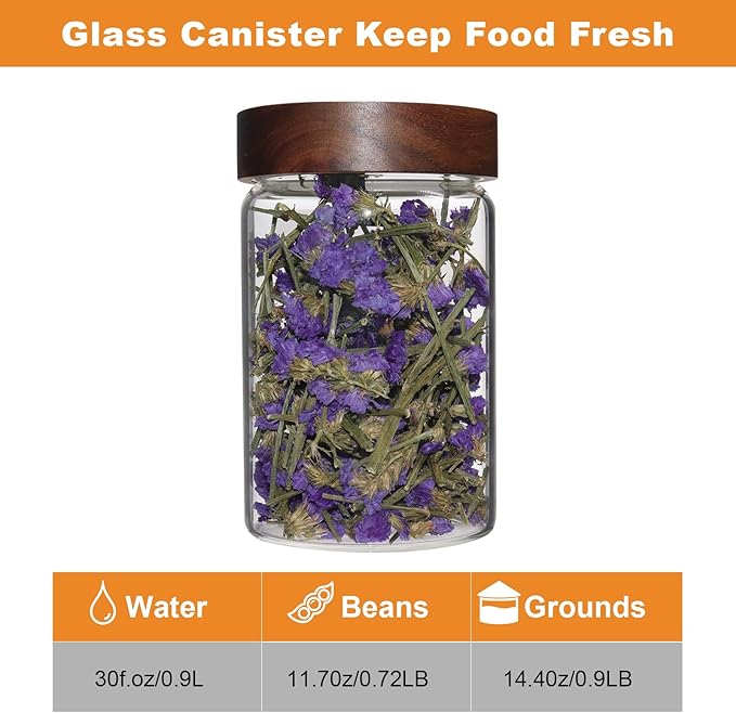Glass Coffee Jars Spice Jar Round Storage Canister with Wooden Lid Clear Glass Food Jar for Pantry Sugar Tea Coffee Bean Spice Nuts Cookies Bath Salts (900ml/30oz-1 pack)