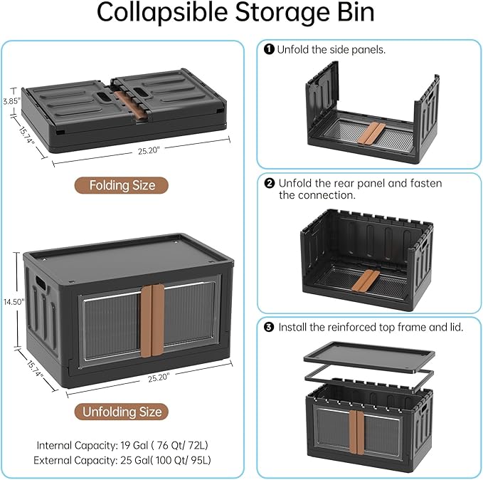 HAIXIN Storage Bin with Lid 19 Gal - Foldable Closet Storage and Organization Plastic Stackable Storage Box with Rollers Black Cube Container for Home Garage Office Craft, 1 Pack
