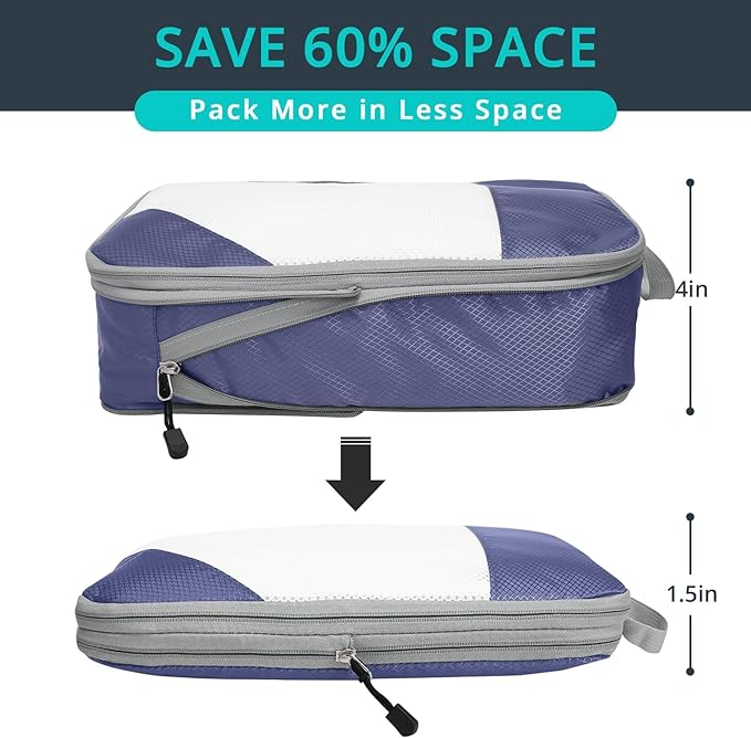 Compression Packing Cubes 6 Set, Compressible Space-Saving Packing Cubes for Travel - Compression Bags, Luggage Organizer, Travel Essentials for Women, Bluish Purple