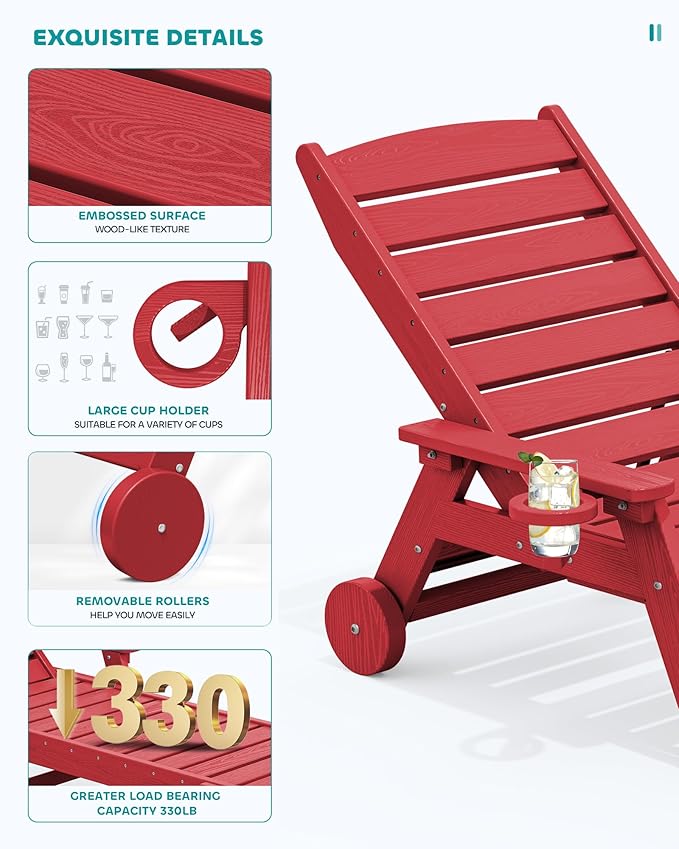 SERWALL Patio Chaise Lounge Chair Set of 2, 78'' Long 5-Positions Adjustable HDPE Outdoor Lounge Chair for Pool, Poly Lounge Chair with Rolling Wheels & Cup Holder for Poolside, Deck, Bright Red