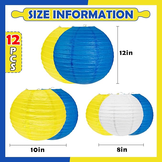 12Pcs Blue and Yellow Party Decorations Hanging Round Paper Lanterns Assorted Sizes (8" 10" 12") for Graduation Birthday Wedding Dinner Party Baby Shower BBQ Decor (Blue Yellow White)