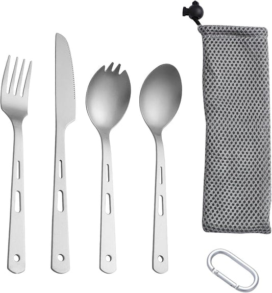 Titanium 4-Piece Silverware Set - Lightweight, Eco-Friendly Camping & Backpacking Cutlery (Knife, Fork, Spoon, Salad Spoon) with Carrying Bag for Outdoor Travel, Hiking & Picnic