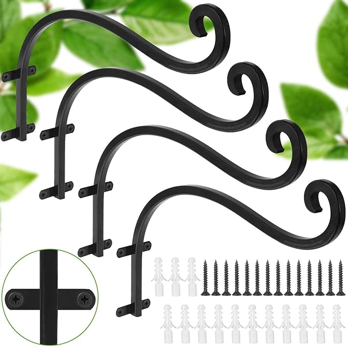 4Pack Heavy Duty Plant Hanger, 12inch Outdoor Hanging Plant Bracket, 60lbs Bearing Capacity Metal Wall Flower Pot Hanger Hooks, Wall Hanging Hooks for Wind Chimes, Bird Feeders, Lanterns