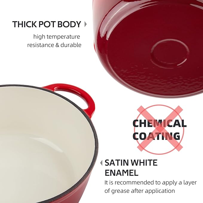 3 Quart Dutch Oven Enameled Cast Iron with Lid - Big Dual Handles - Oven Safe up to 500°F - Classic Round Pot for Versatile Cooking Red