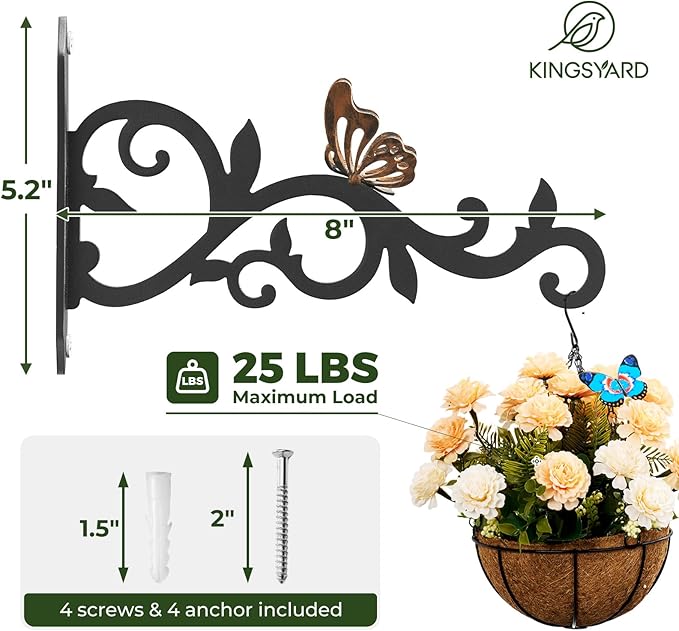 Kingsyard 2-Pack Wall Plant Hanger - 8 Inch Heavy Duty Metal Hooks with Butterfly Decor for Hanging Plants, Feeders, Lanterns & Wind Chimes, Indoor&Outdoor Use, Copper