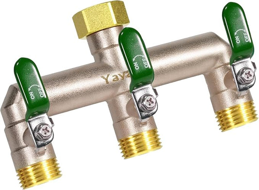 Heavy Duty Brass Garden Hose Splitter - 3-Way 3/4" GHT Thread, High Flow Faucet Splitter, Water Hose T Spigot Splitter with Shutoff Valves, Water Adapter & Connector-Long Metal Handle