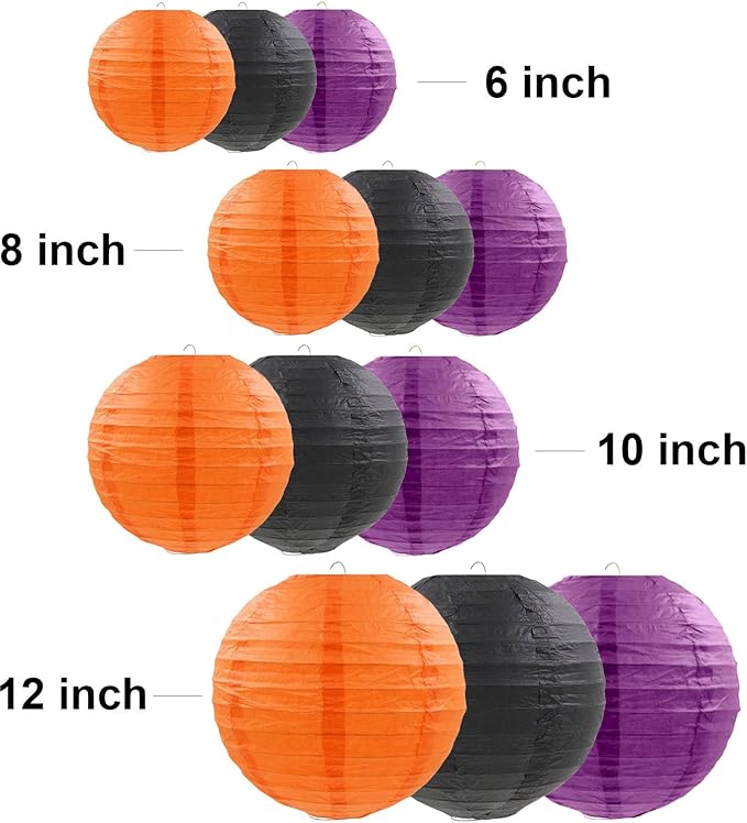 12 Pcs Paper Lanterns Halloween Party Decorations Orange Black Purple Halloween Hanging Paper Lanterns for Horror Party Indoor Outdoor Spooky Home Ceiling Yard Garden Decor Party Supplies Props