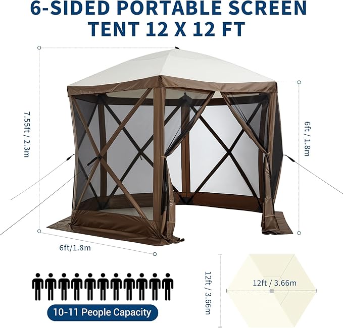 12x12FT Portable Gazebo Tent with Mosquito Netting - Instant Setup Canopy Shelter, 6 Sidewalls & Carry Bag, Stakes for Camping, Backyard, Lawn Events