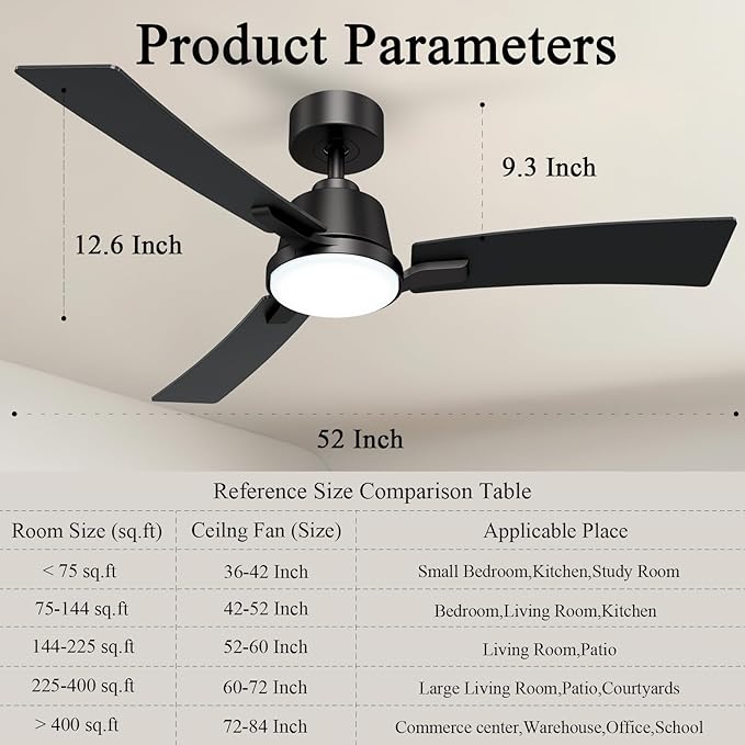 52 Inch Ceiling Fans with Lights,Low Profile Ceiling Fan,Modern Flush Mount,Reversible 6 Speeds,3CCT Dimmable Noiseless Black Ceiling Fans for Living Room,Bedroom and Patio,ETL Listed