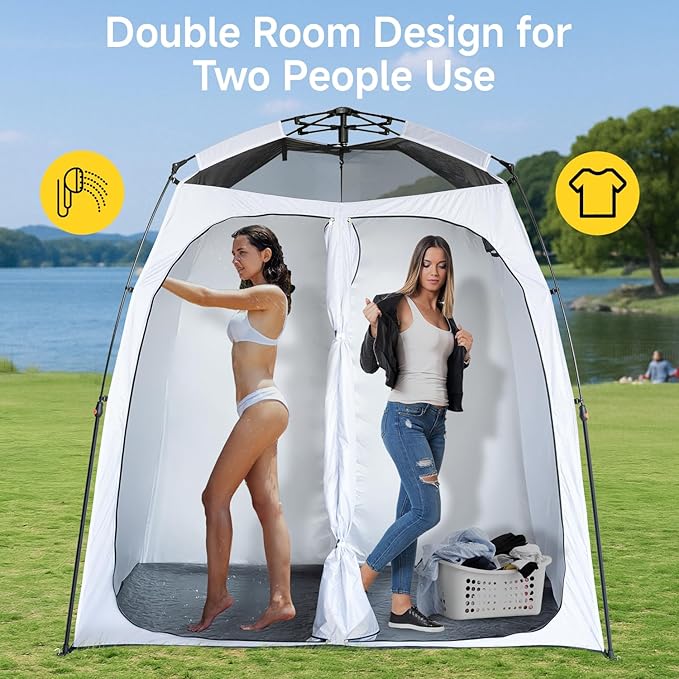 EighteenTek Shower Tent Camping, 2-Room Portable Changing Room, Outdoor Shower Enclosure, Pop Up Privacy Tent Shelter with Floor & Doors, Waterproof & Lightweight, Camping Toilet Bathroom