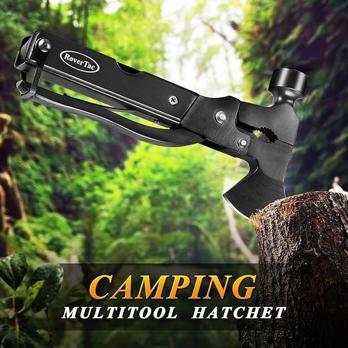 RoverTac 14-in-1 Multitool Camping Axe – Multi Tool with Knife, Hammer, Saw, Screwdrivers, Bottle Opener – Camping Tool with Sheath – Tool Gifts for Men, Dad, Husband, and Outdoor Enthusiasts.