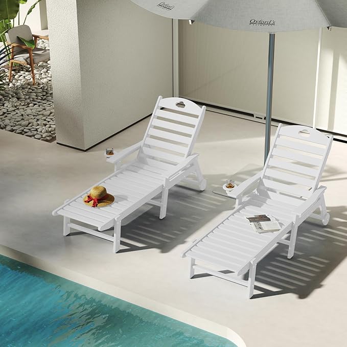 Outdoor Lounge Chair with Cup Holder, Outdoor Chaise Lounge with 6-Position Adjustable Backrest, HDPE Lounge Chair for Poolside, Patio, Deck & Backyard, Chaise Lounge (White, 2)