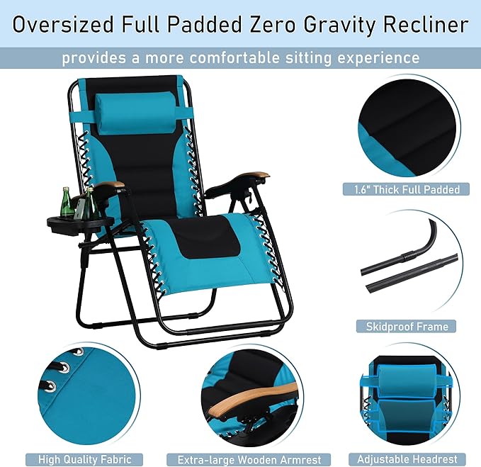 PHI VILLA XXL Oversized Padded Zero Gravity Chair, Foldable Patio Recliner, 30" Wide Seat Anti Gravity Lounger with Cup Holder, Set of 2, Support 400 LBS (Aqua)