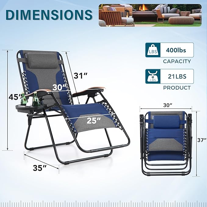 MFSTUDIO Zero Gravity Chairs, Oversized Patio Recliner Chair, Padded Folding Lawn Chair with Cup Holder Tray, Support 400lbs, Cyan