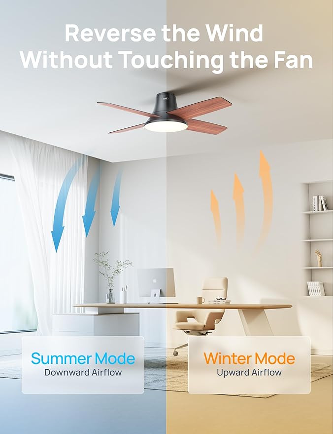 Dreo Ceiling Fans with Lights, 12 Speeds & 3 Fan Modes, Quiet DC Motor, Low Profile Easy to Install, Flush Mount Smart Ceiling Fan with Dimmable LED, 12H Timer for Bedroom, Remote, Black, 44''