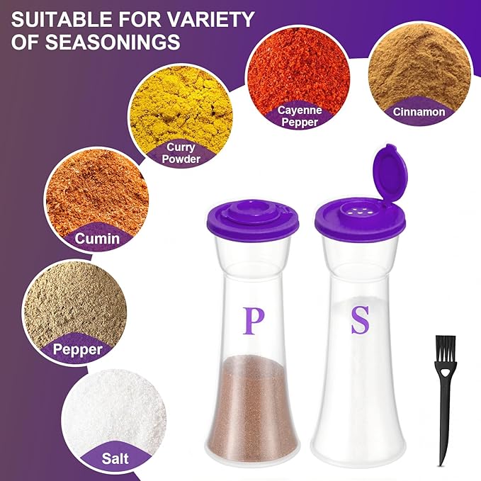 Set of 2 Clear Salt and Pepper Shakers, Plastic Spice Jars with Colorful Lids, Leakproof Moisture-Proof for Home Kitchen Restaurant, Camping, Travel, Picnic (Purple)