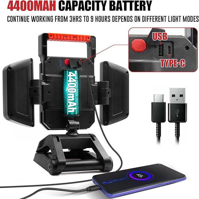 SYLSTAR 40W Rechargeable Work Light, 4000LM Magnetic Work Light with Foldable&360° Rotatable Floodlights, Big Clamp, 5 Light Modes, Portable Work Lights for Jobsite Workshop Car Repairing