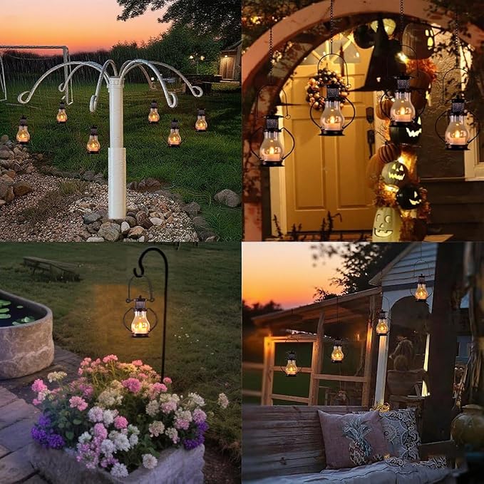 Solar Hanging Lanterns Outdoor Waterproof, Vintage Mini Metal Lantern with Flickering Solar Powered Tea Lights, Perfect Chargeable Solar Lights for Backyard Patio Garden Fence Tree Decoration-4Pack