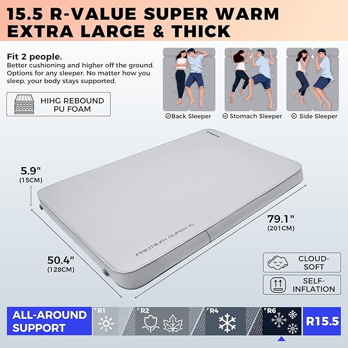 KingCamp Self Inflating Camping Pad, Ultra 6" Thick or Ideal 3" Thcik High R Value Air & Foam Camping Mattress, Full Size Double Sleeping Pad 2 Person for Camp Tent Outdoor Car, Multi Colors, PVC Free