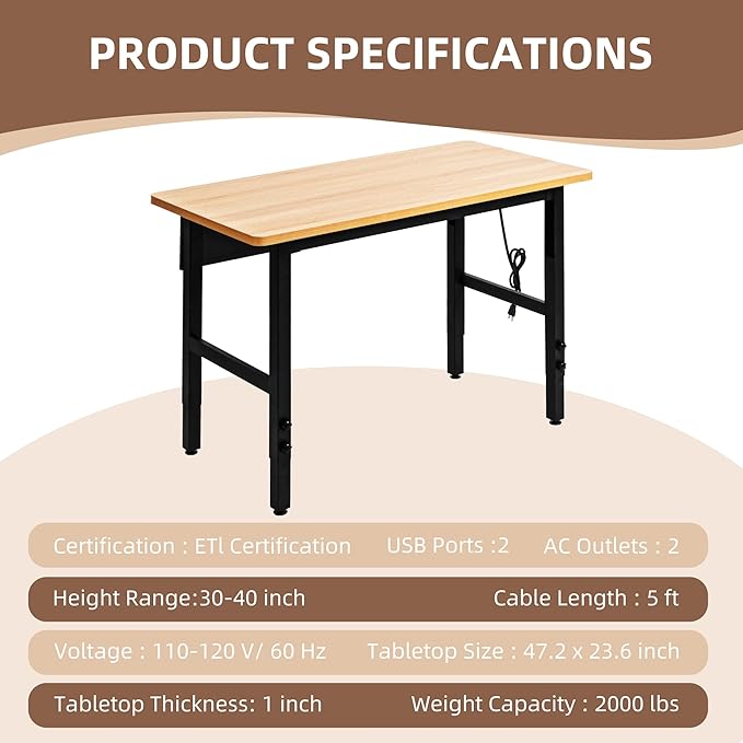 48" Adjustable Workbench with Power Outlets, Work Table for Garage, 2000 LBS Capacity Hardwood Work Bench, Heavy Duty Table for Workshop, Office, Garage, Home