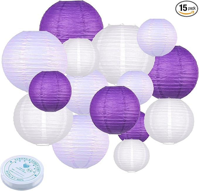 15pcs Paper Lanterns Lavender Purple White Round Hanging Chinese Paper Lanterns 4" 6" 8" 10" 12" for Bachelorette Engagement Wedding Baby Bridal Purple Birthday Decorations