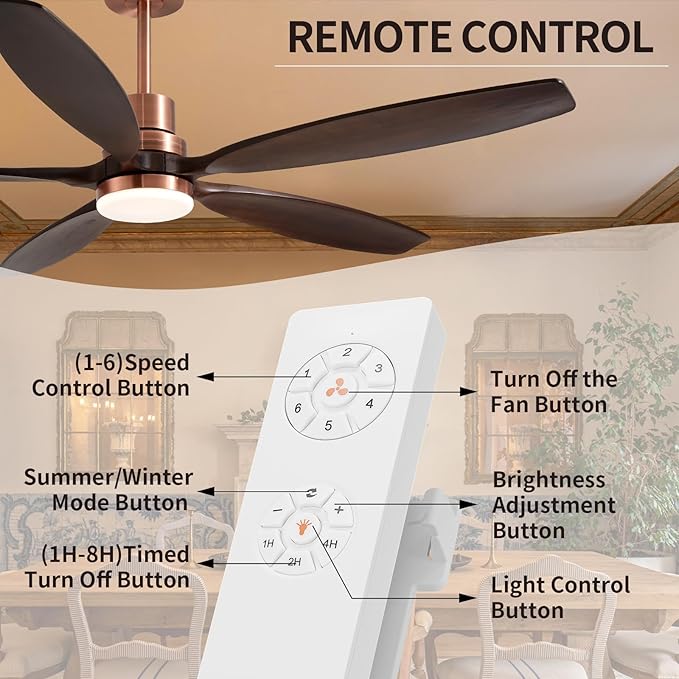 60" Ceiling Fan with Light and Remote,Reversible DC Motor,6Speed,Modern Natural Wood Ceiling Fan with Dimmable LED for Outdoor Patios Bedroom Living Room,Black Walnut and Red Brass