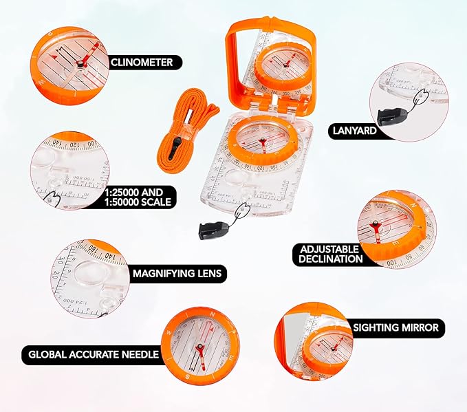 Boy Scout Sighting Compass - Adjustable Declination Mirror, Compass Base Plate, Orienteering & Hiking Navigation - Military Grade, Backpacking & Camping Tool