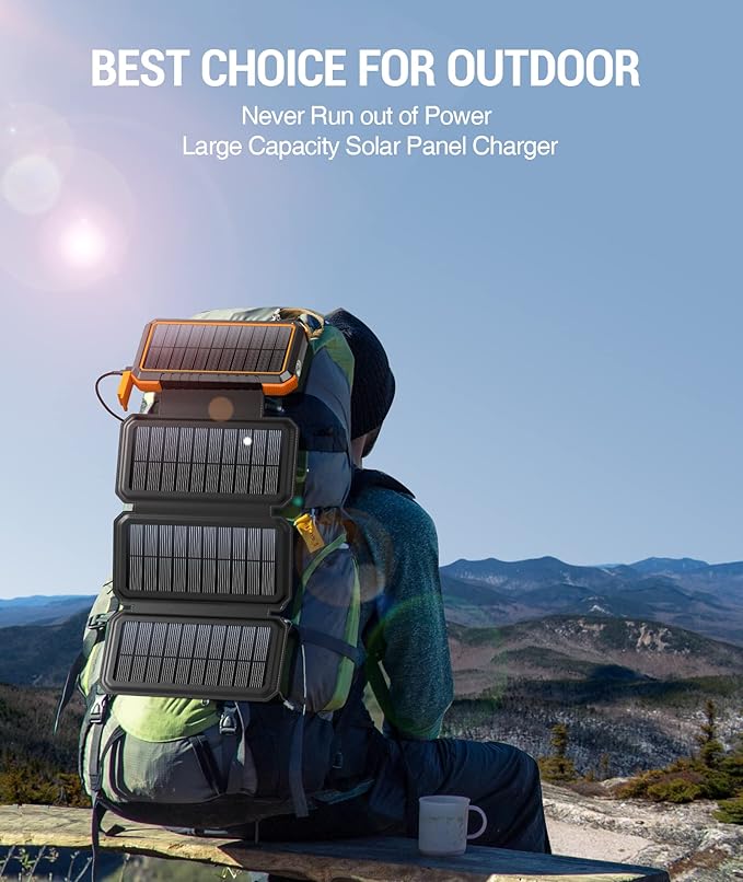BLAVOR Solar Charger Power Bank, PD 18W Fast Charging 20000mAh Battery Pack with 4 Foldable Panels, Portable Solar Powered USB C Charger with Camping Flashlight Compass Carabiner for Cell Phone