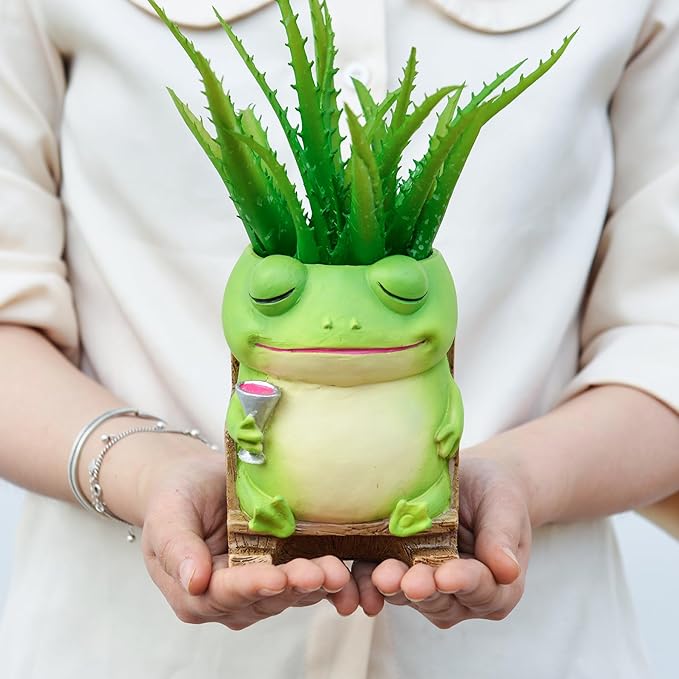 Unique Frog Plant Pots Indoor, Cute Small Succulent Pots with Drainage Hole, Rocking Chair Planters for Outdoor Indoor Plants, Resin Flower Pot for String of Pearls, Gift Ideas for Mother